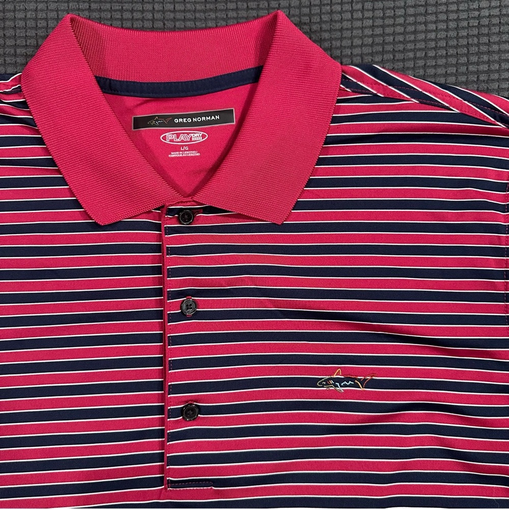 Greg Norman Play Dry Polo Shirt Mens Large Red Striped Shark Logo Golf - Picture 2 of 6